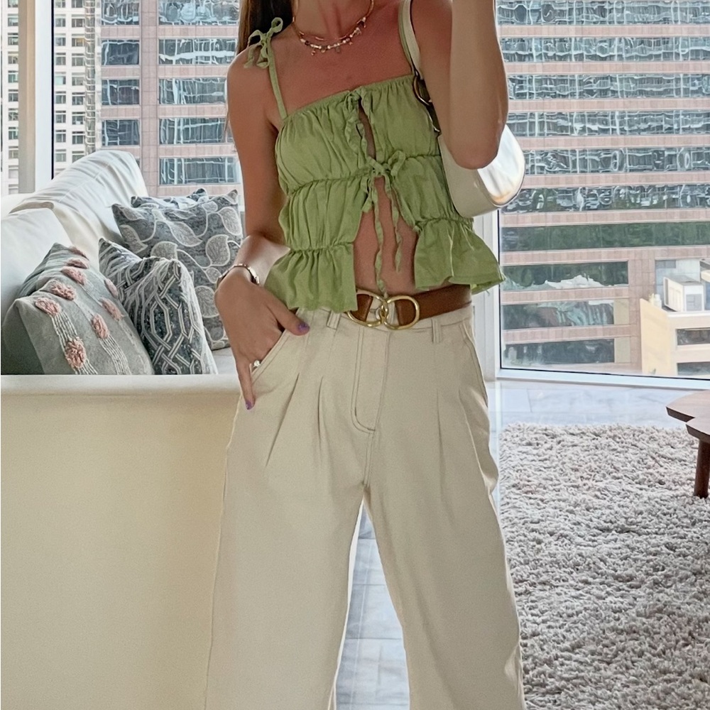 Another Reason Light Green Ruffled Tank Tie Top